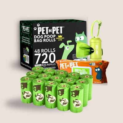 PetNPet dog poop bag rolls and accessories on a light beige background