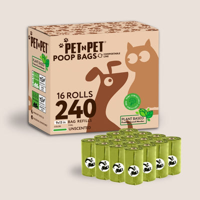 Box of Pet N Pet poop bags with multiple rolls in front on a beige background
