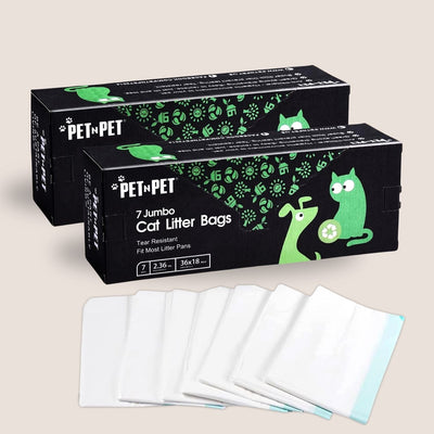 Two boxes of Pet to Pet cat litter bags with some bags displayed in front on a beige background.