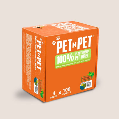 Box of Pet-N-Pet plant-based pet wipes on a beige background