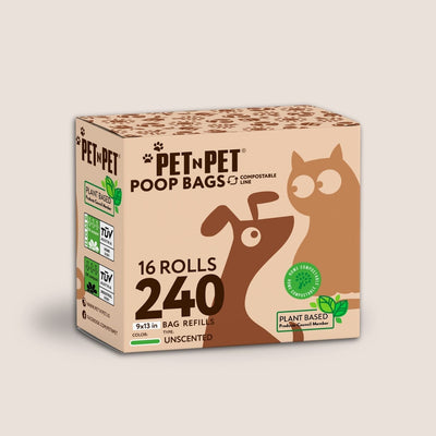 Box of Pet N Pet poop bags with a cartoon dog and cat design on a beige background