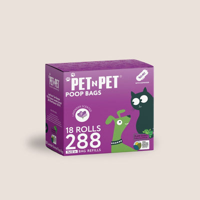 Box of Pet N Pet poop bags with cartoon dog and cat on a beige background