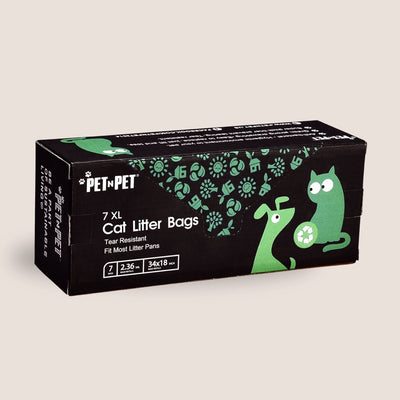Box of Pet-Pet cat litter bags with green illustrations on a beige background
