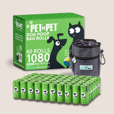 PETnPET dog poop bag packaging with green rolls and a carrying case on a beige background