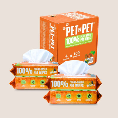 Pet-Pet plant-based pet wipes packaging on a beige background