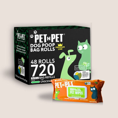 Pet N Pet dog poop bag rolls packaging with a smaller package of pet wipes on a light gray background