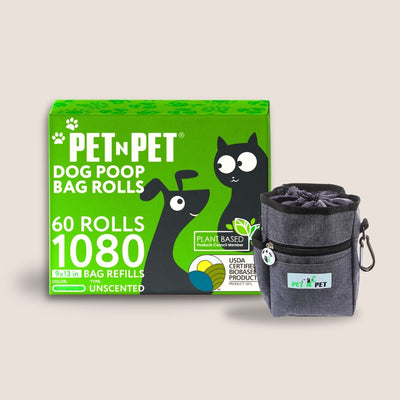 Pet N' Pet dog poop bag rolls packaging with a gray bag on a beige background