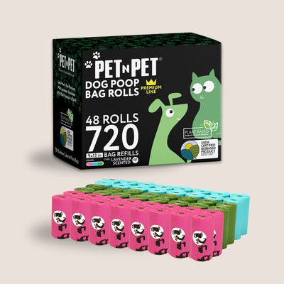 Box of Pet n Pet dog poop bag rolls with multiple bags displayed below on a beige background