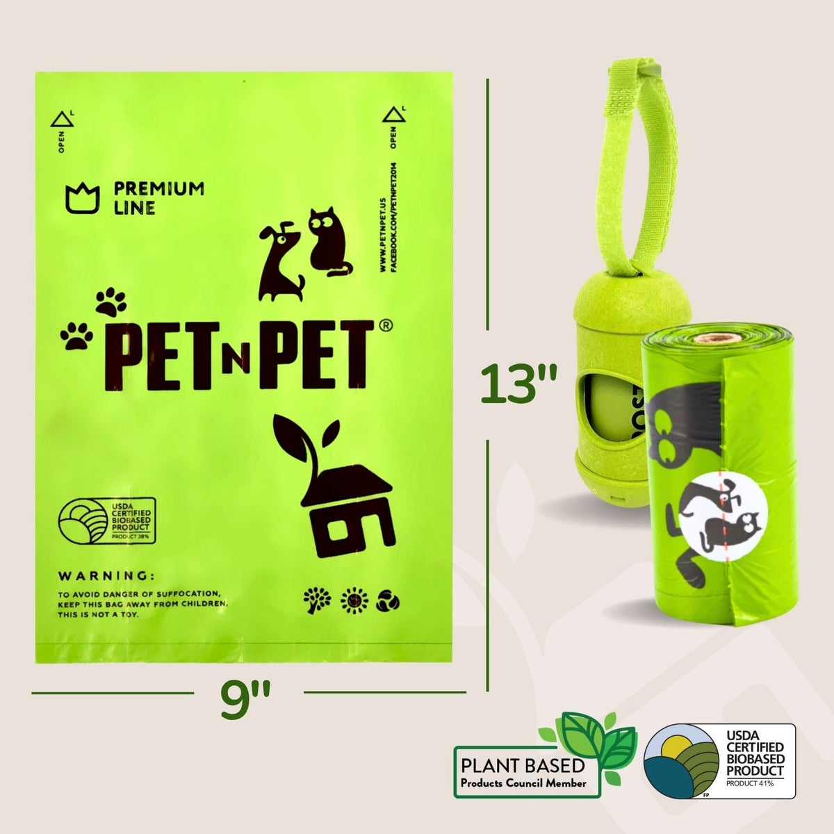 Green PET N PET product packaging with dimensions and certification logos on a light gray background