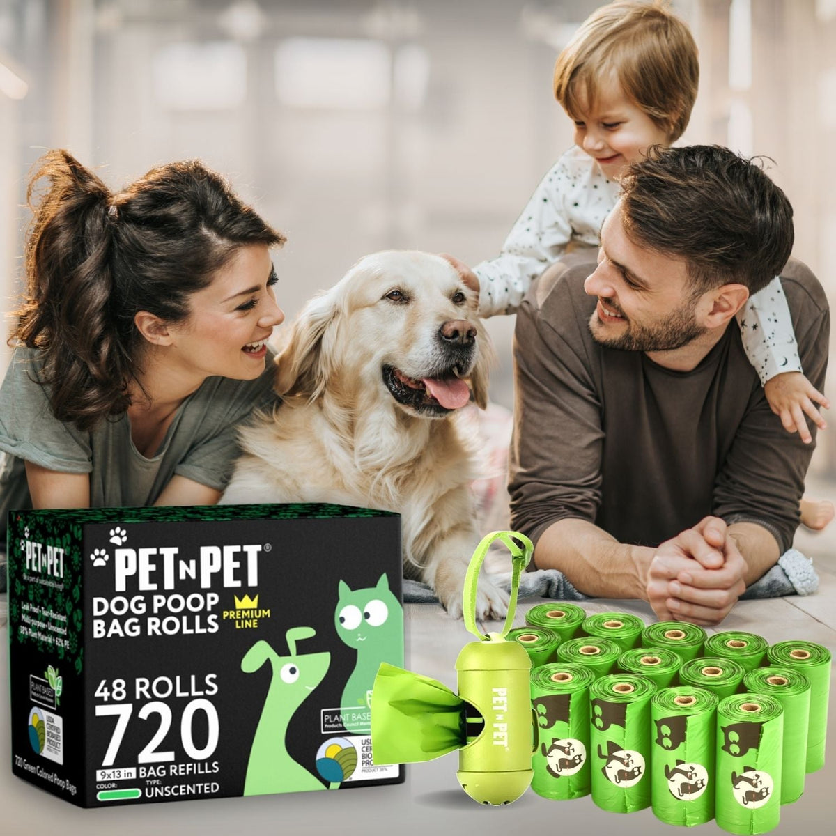 Family with a dog and a box of Pet N Pet dog poop bag rolls