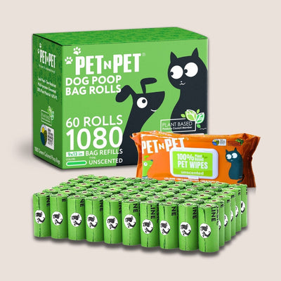 Pet N' Pet dog poop bag rolls and wipes on a light gray background