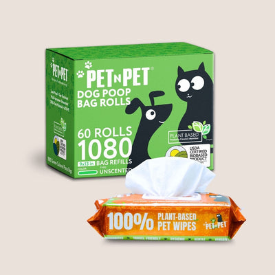 Box of Pet 'N Pet dog poop bag rolls and a package of plant-based pet wipes on a beige background